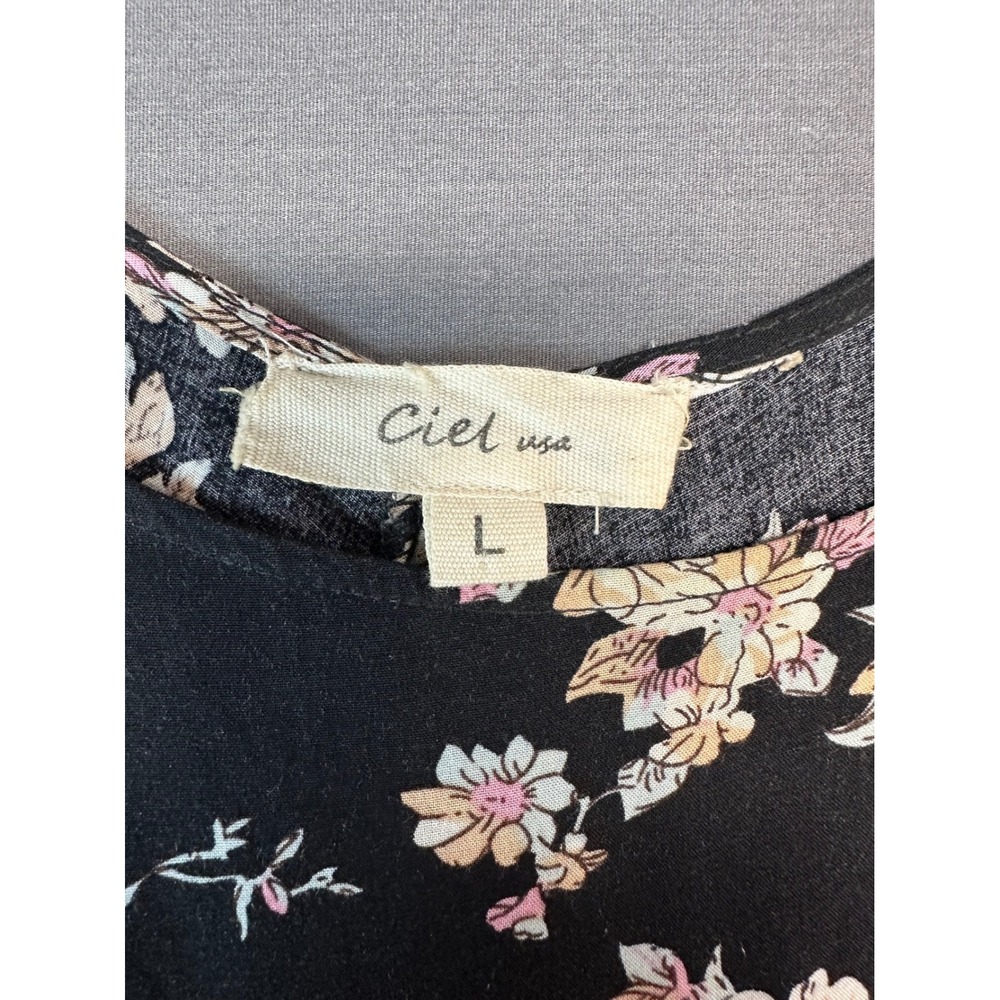 Ciel USA Womens Black Floral Halter Neck Trapeze Dress Ruffle Hem Large - Picture 2 of 6